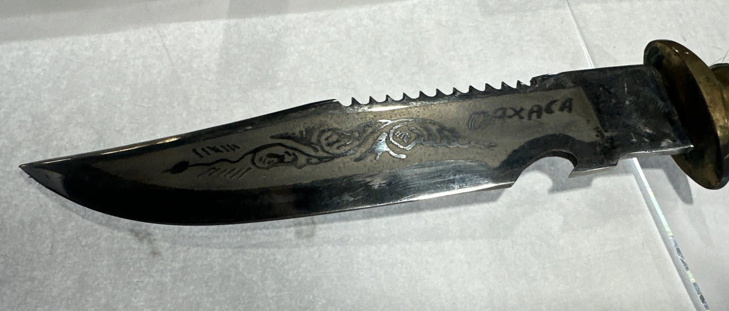 Vintage Mexican Mexico Engraved Bowie Knife with DEER HOOF OAXACA