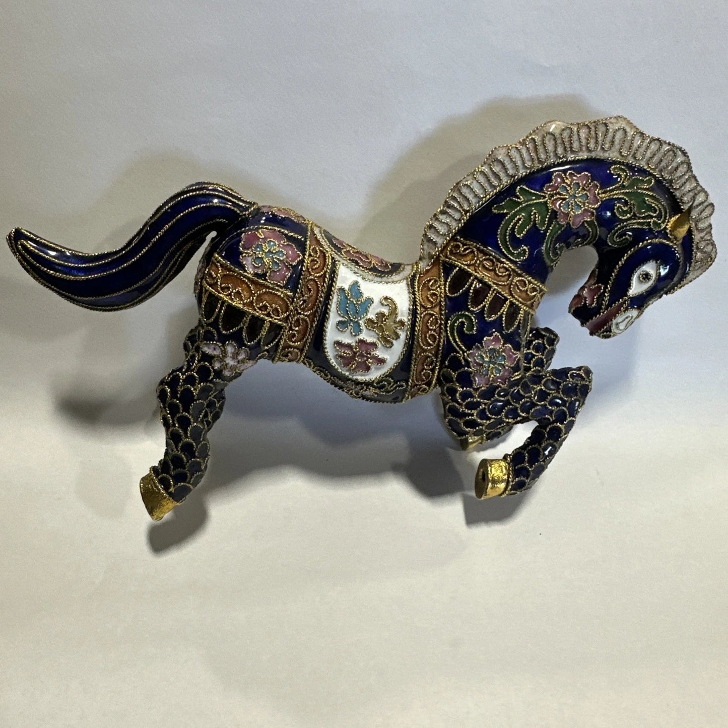 Cloisonne Chinese Enamel Brass Gilt Jeweled Gem Horse Figurine No Stand