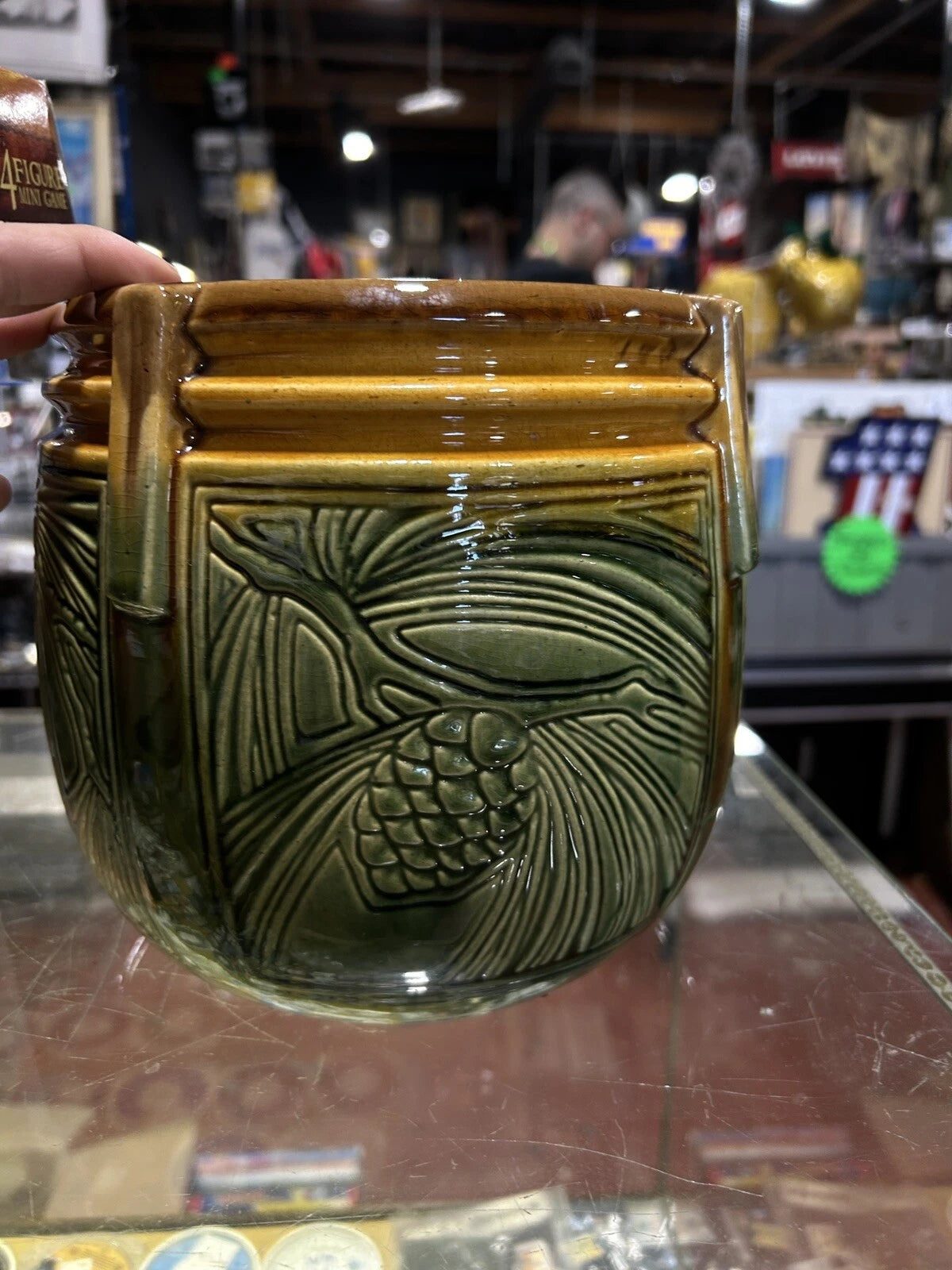Vtg Weller Pottery Green Yellow Brown Planter Pot
