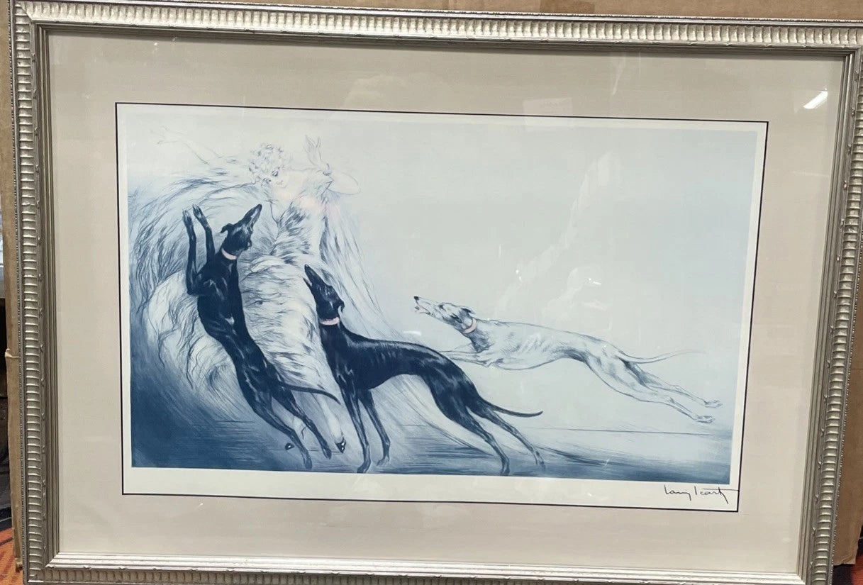 Vintage Louis Icart Coursing II Lithograph Print French Art Deco Dogs Framed