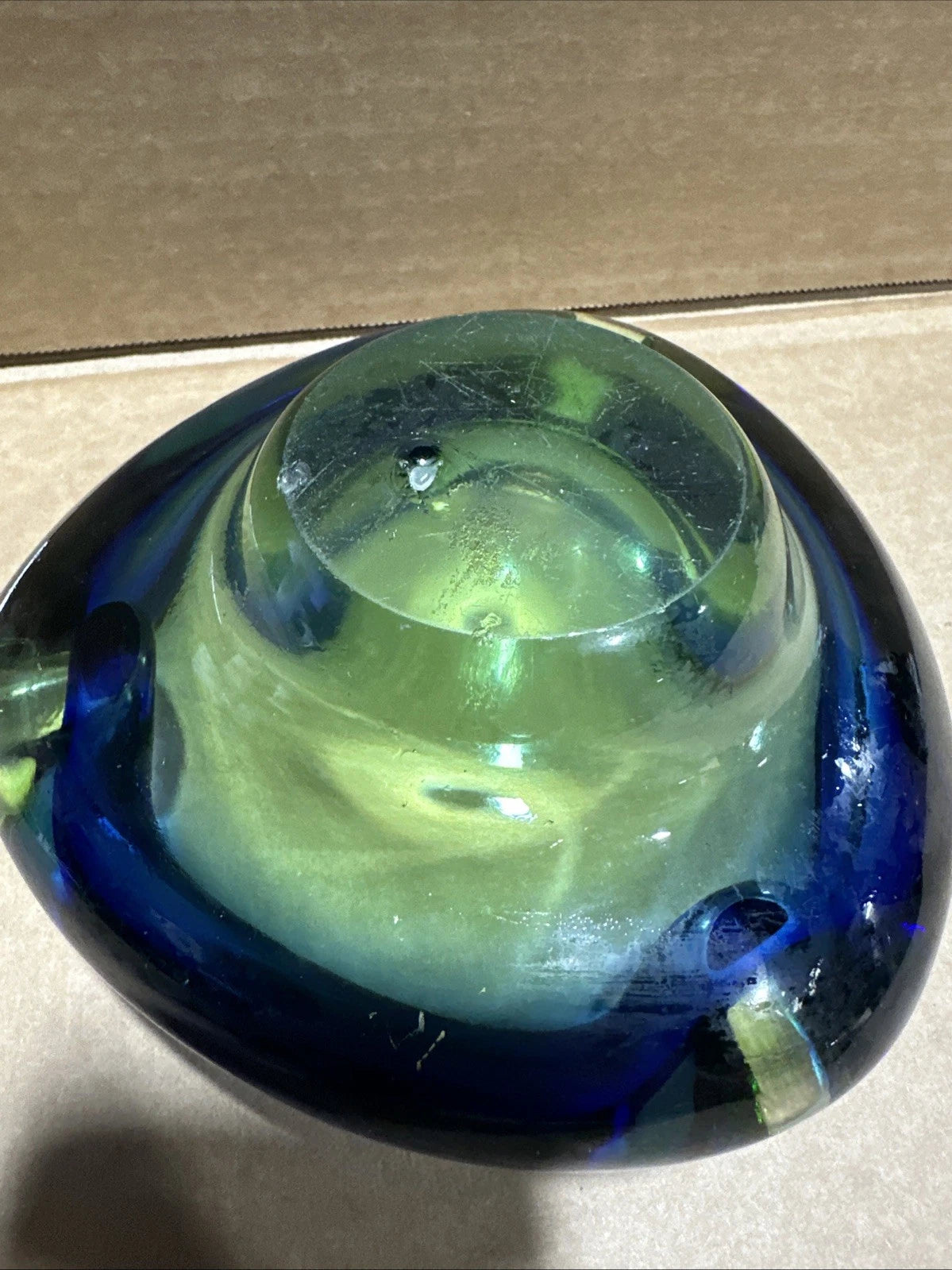 Possible Murano Art Glass 2 Color Green Blue Sommerso Ashtray Bowl Chipped