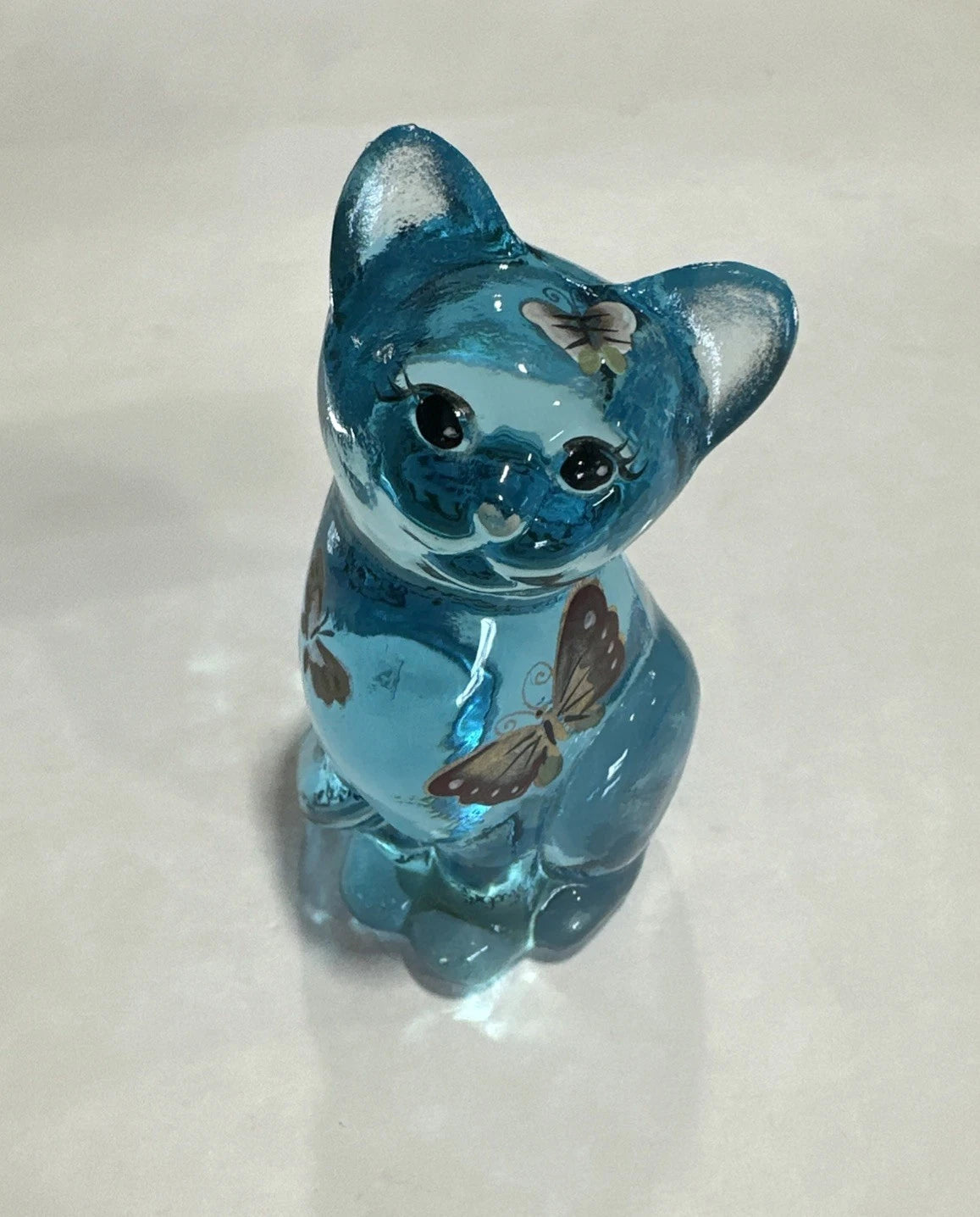 Vintage Fenton Amethyst Iridescent Carnival Glass Cat Kitten Butterfly Kisses