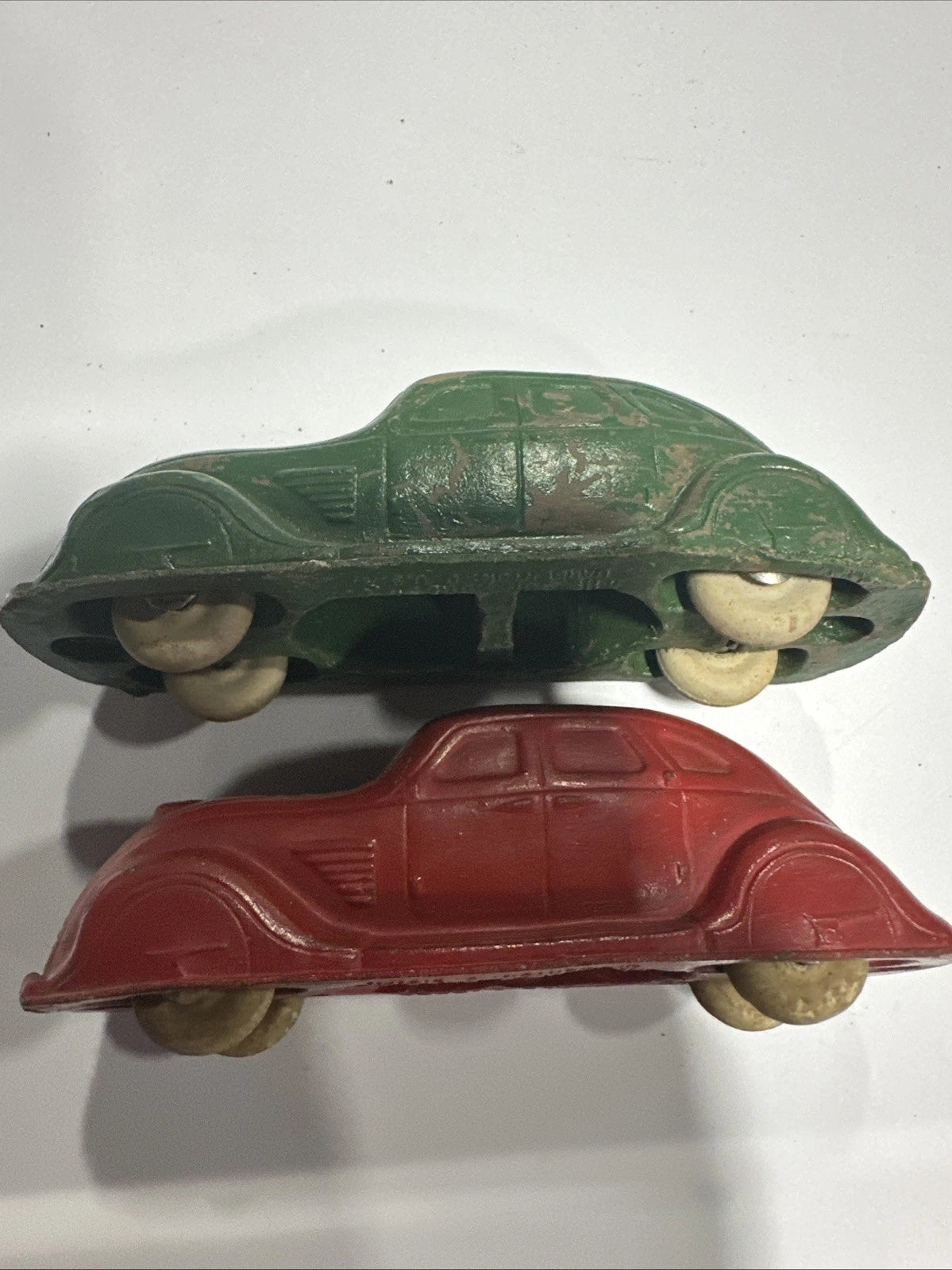 Vintage Red & Green Rubber Chrysler Airflow Car White Rubber Wheels 4” Barberton