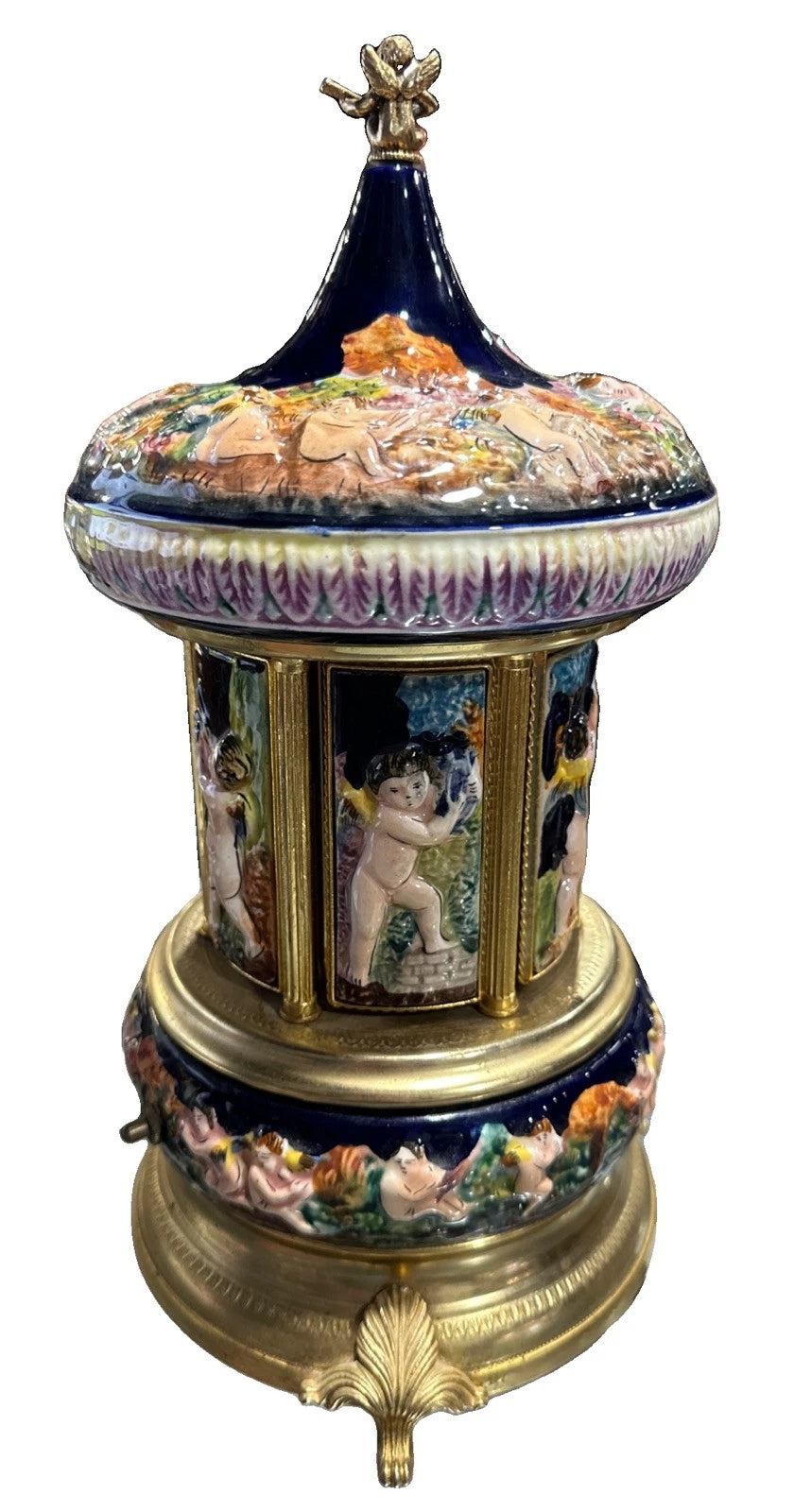 Reuge Cherubs Blue Capodimonte Carousel Lipstick Music Box Fully Working