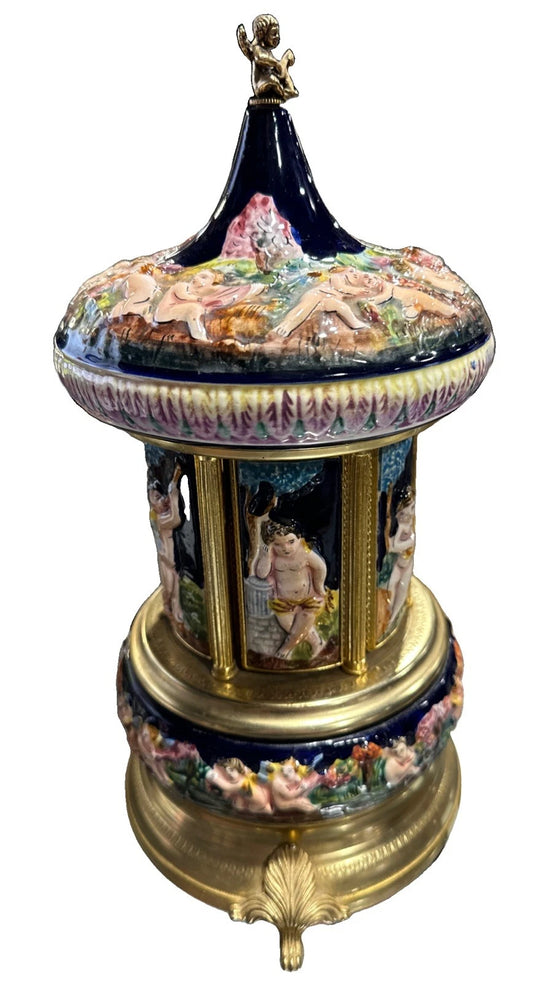 Reuge Cherubs Blue Capodimonte Carousel Lipstick Music Box Fully Working