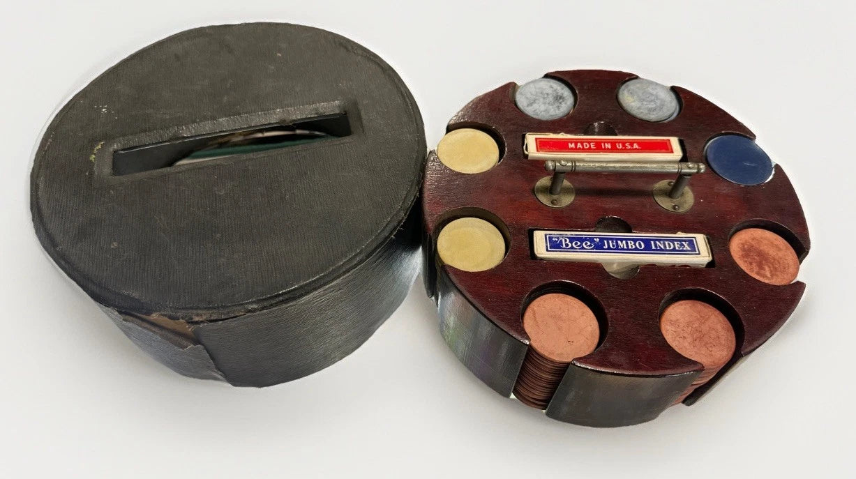 Vintage 200 Clay Poker Chips Set Wood Case carousel Caddy Bakelite Handle Cards