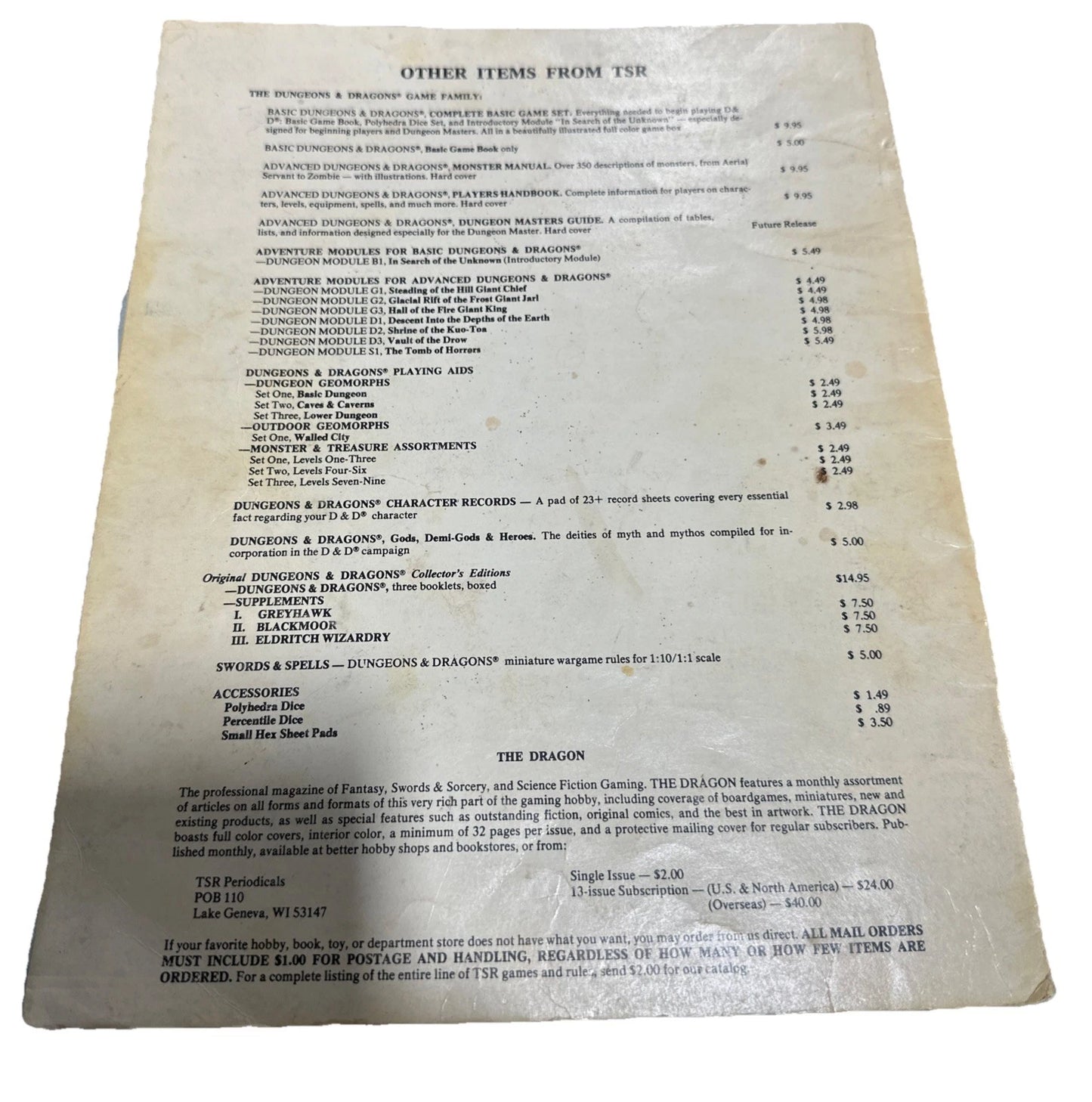 Vintage 1978 Dungeons & Dragons Basic Rule Book Blue Dragon 3Rd Edition #2001