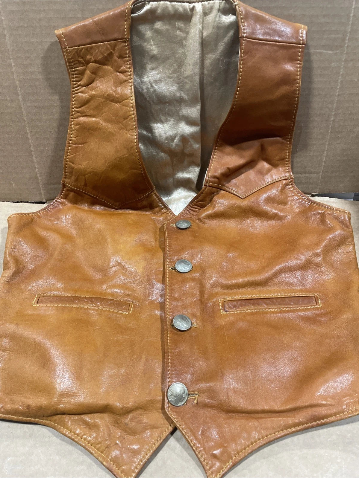 VTG Leather Vest Handmade Mens L 44 Tan Buffalo Nickel Buttons Unbranded Western