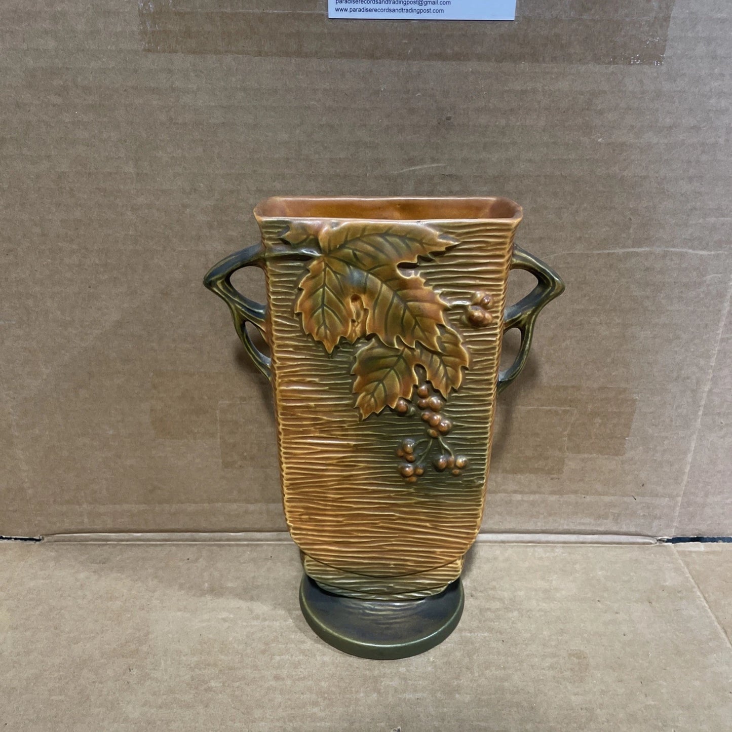Roseville Art Pottery Square Vase 36-9” Bushberry Brown