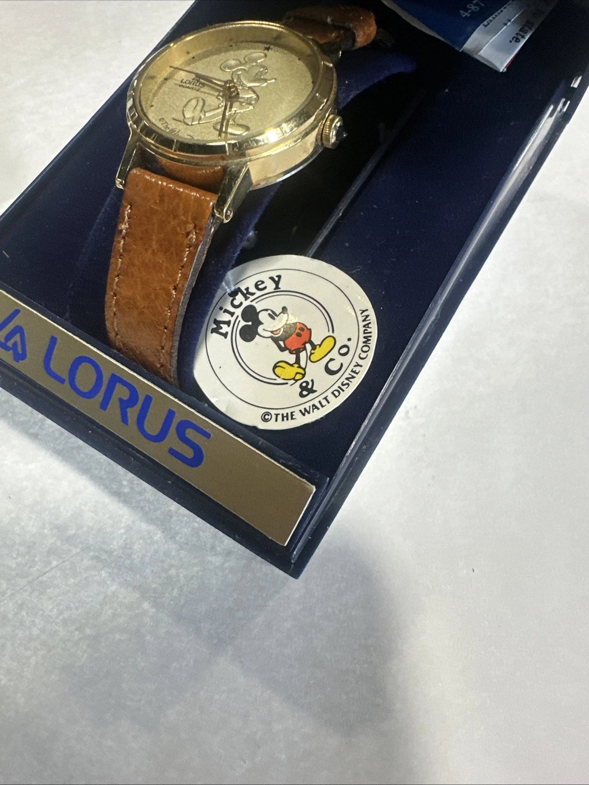 Womens Lorus Leather Strap Gold Face Disney Mickey Mouse Quartz Watch In Box