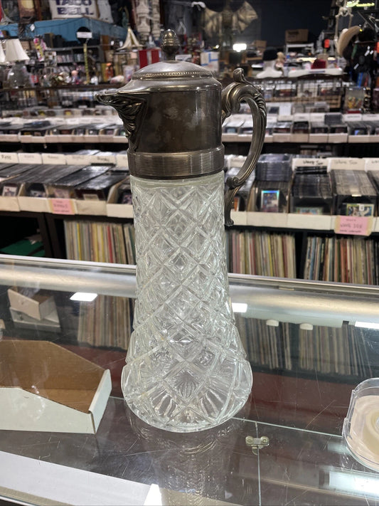 Vintage Tall Ewer Glass Silver Plate Decanter Pitcher + Ice Insert Carafe Italy