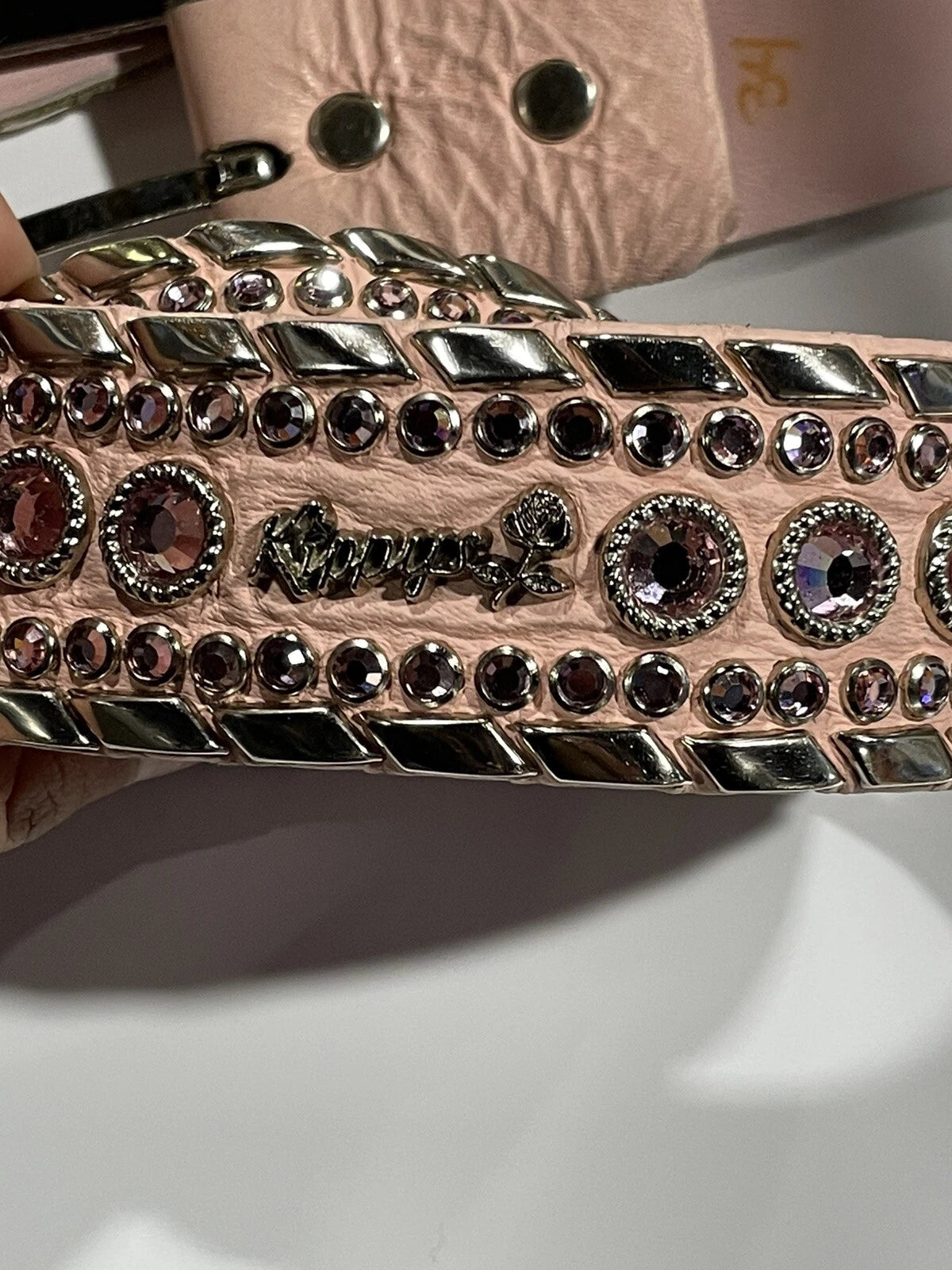 Kippys Belt Baby Pink Leather With Pink Crystals Silver Buckle And Trim