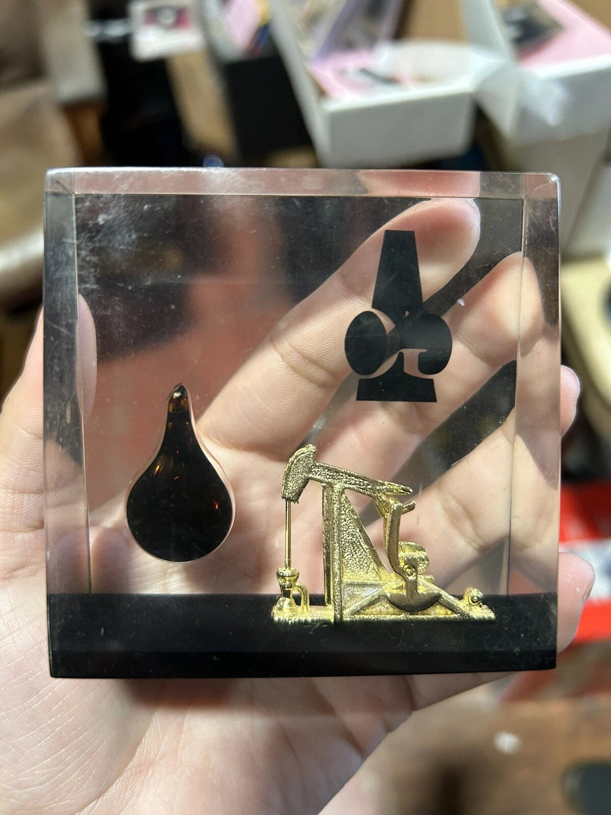 VTG Lucite Paperweight Pumperjack W/ CRUDE OIL SEI SEISMIC ENTERPRISES INC. 3 IN
