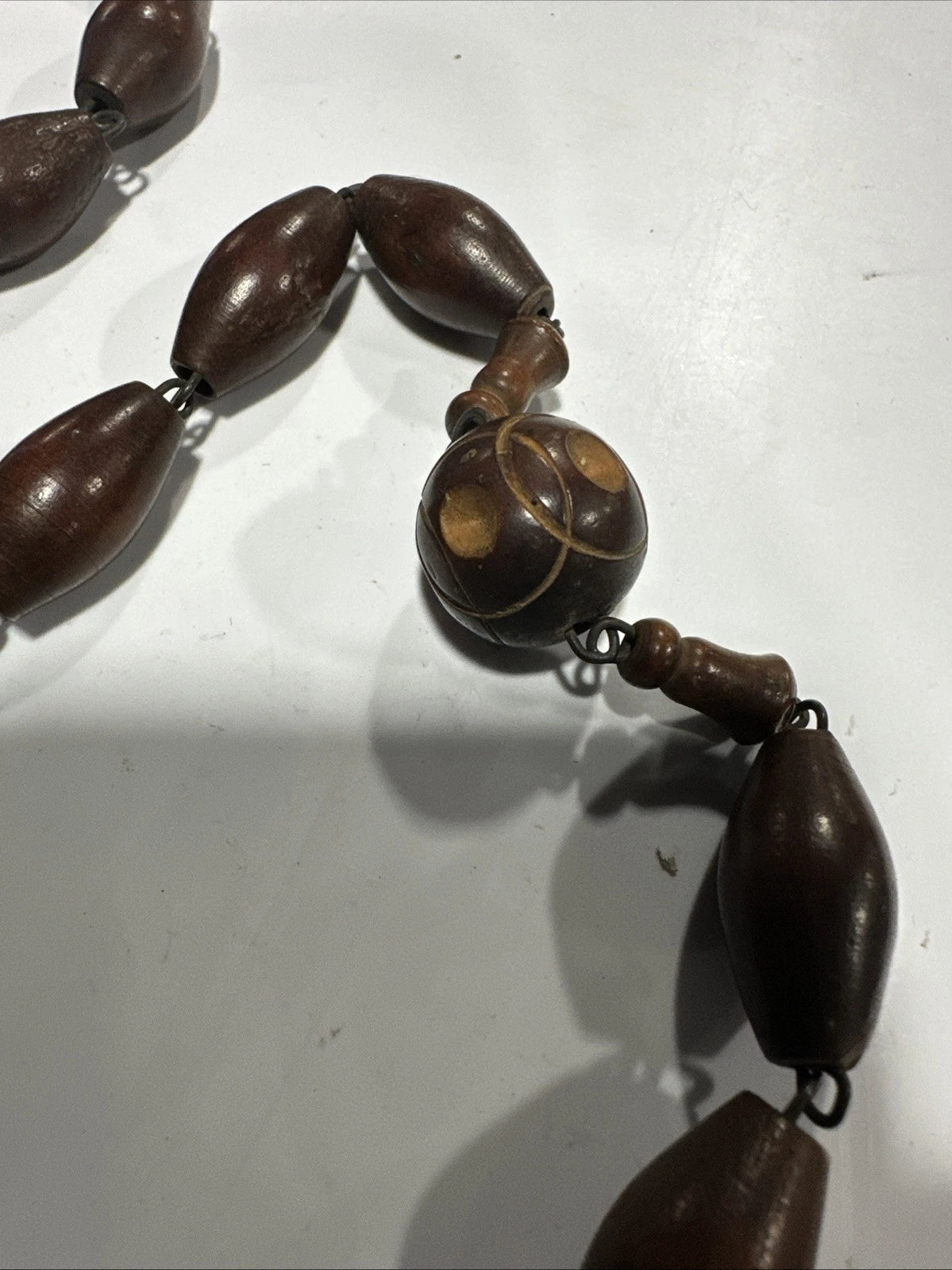 Vintage French Ste Anne de Beaupre Carved Wood Bead Rosary 57 Inch