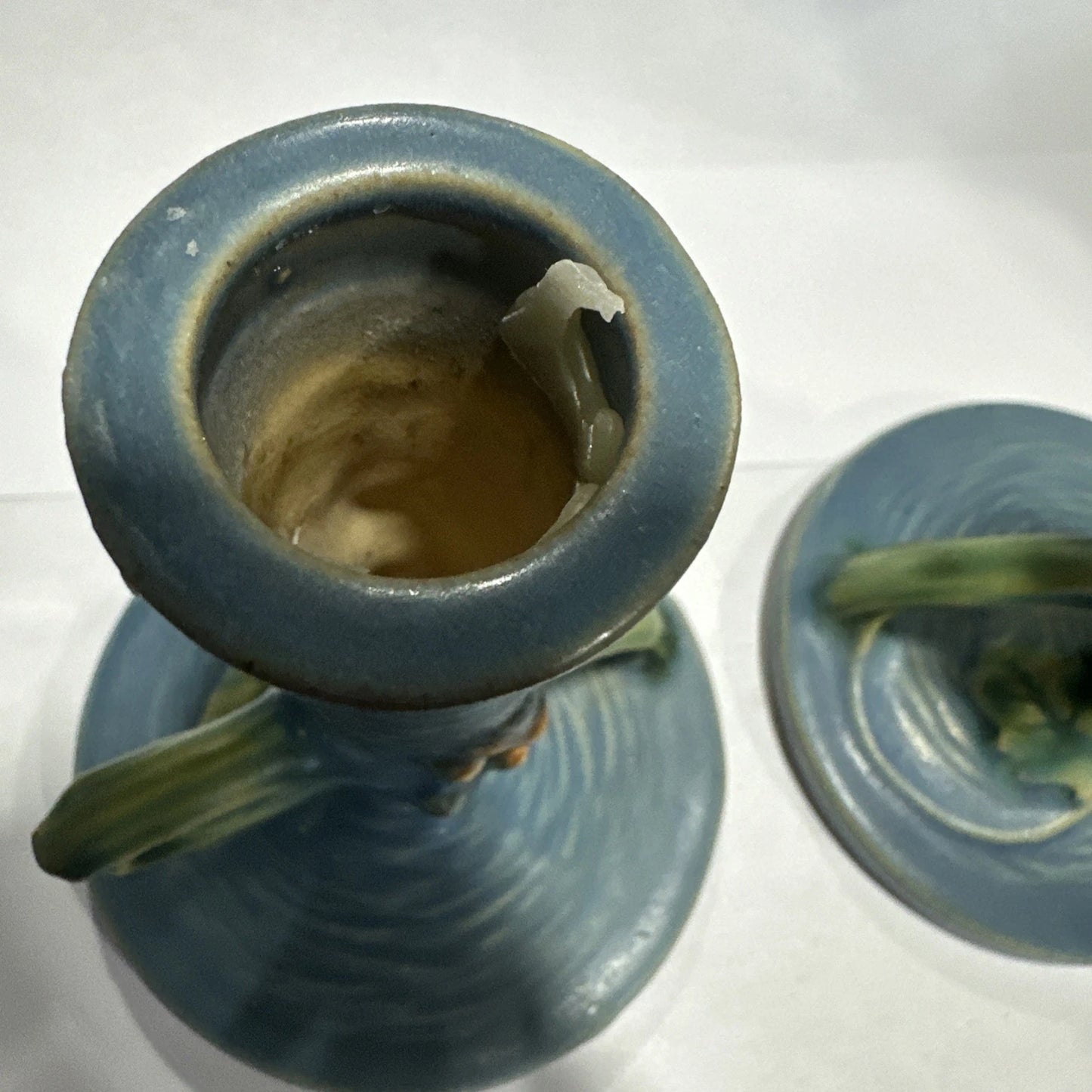Old Roseville pottery Apple Blossom blue pr candlestick holders 352-4 1/2