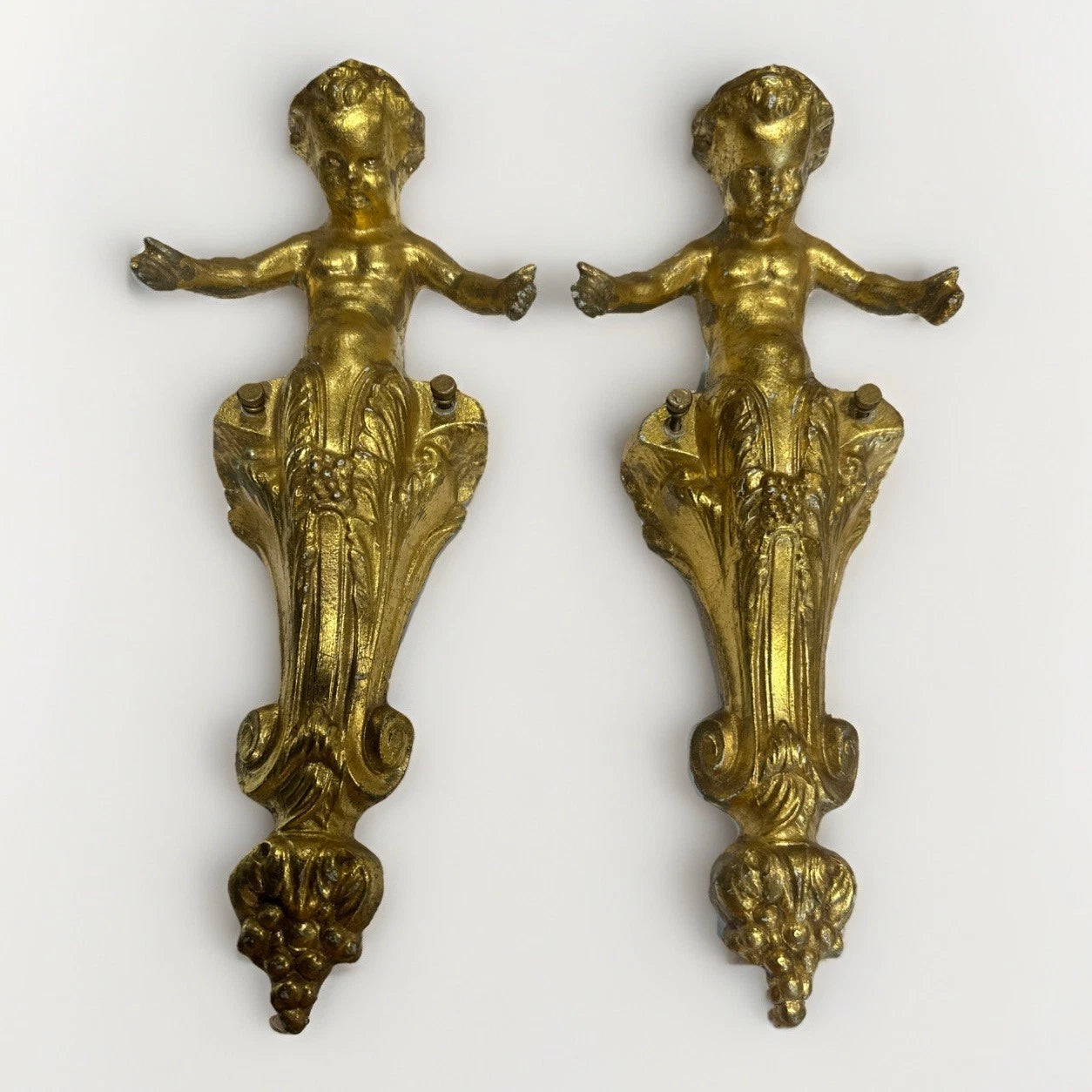 Antique French Style Plaster Cast Cherub Angel Pair Mounts Sconces Accents