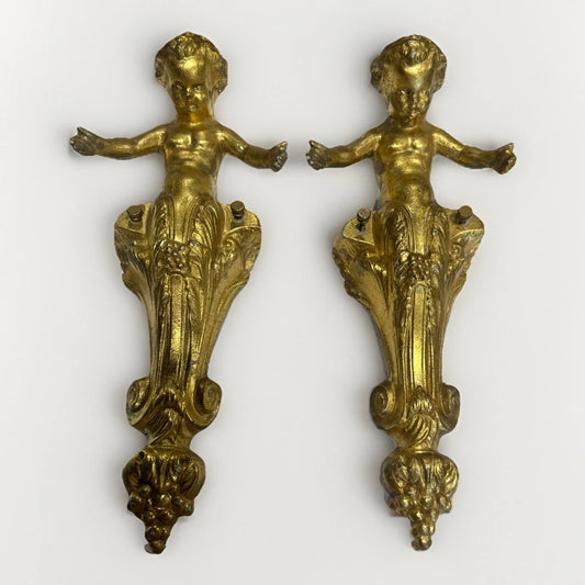 Antique French Style Plaster Cast Cherub Angel Pair Mounts Sconces Accents