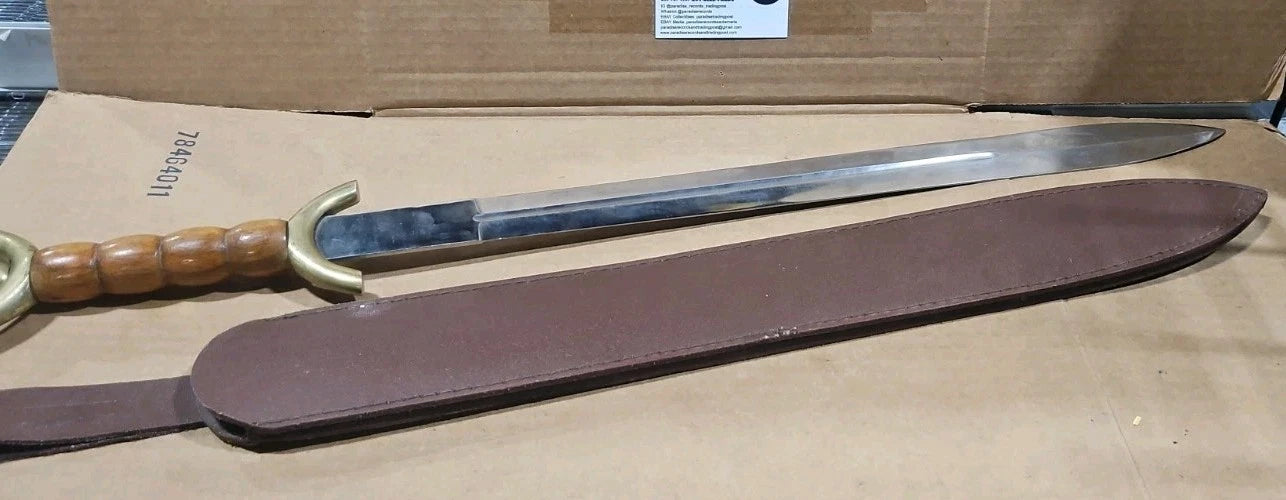 31″ Celtic War Sword With Leather Sheath Stainless Steel Blade Wooden Handle