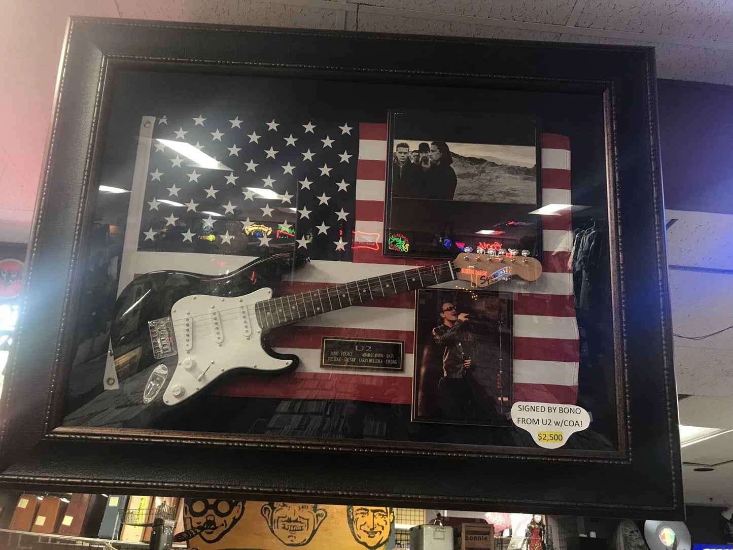 Signed U2 Joshua Tree Record W Squire Mini Guitar, Photo in Plexiglass Frame COA