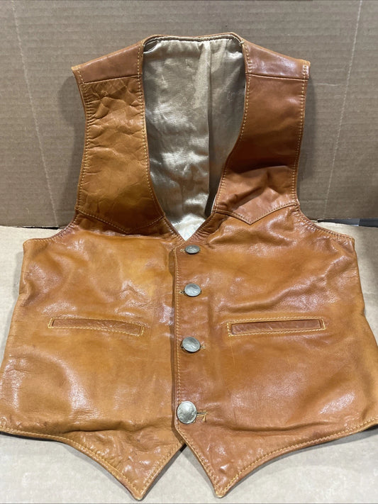 VTG Leather Vest Handmade Mens L 44 Tan Buffalo Nickel Buttons Unbranded Western