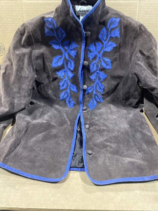 LINEA by LOUIS DELL'OLIO Genuine Leather Suede Blue Decor Jacket Coat Size Small