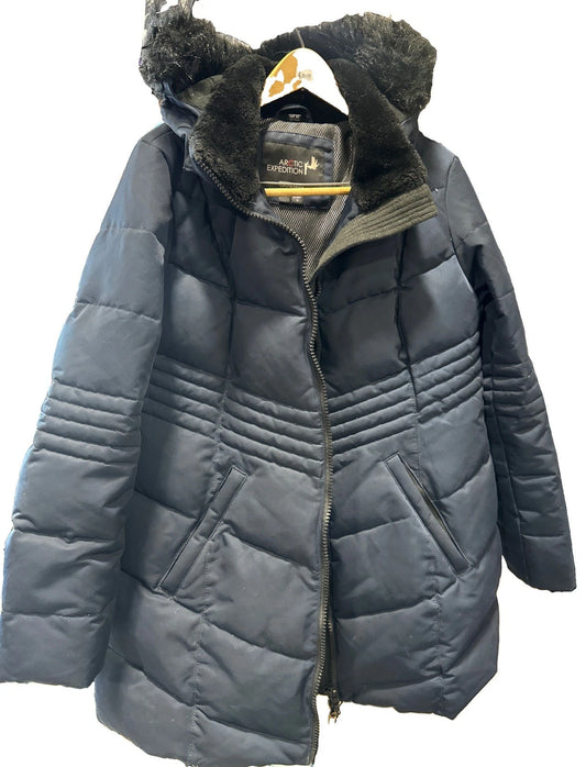 Arctic Expedition Coat Womens S/P Blue Hybradown Hooded Fur Trim Parka Insulated