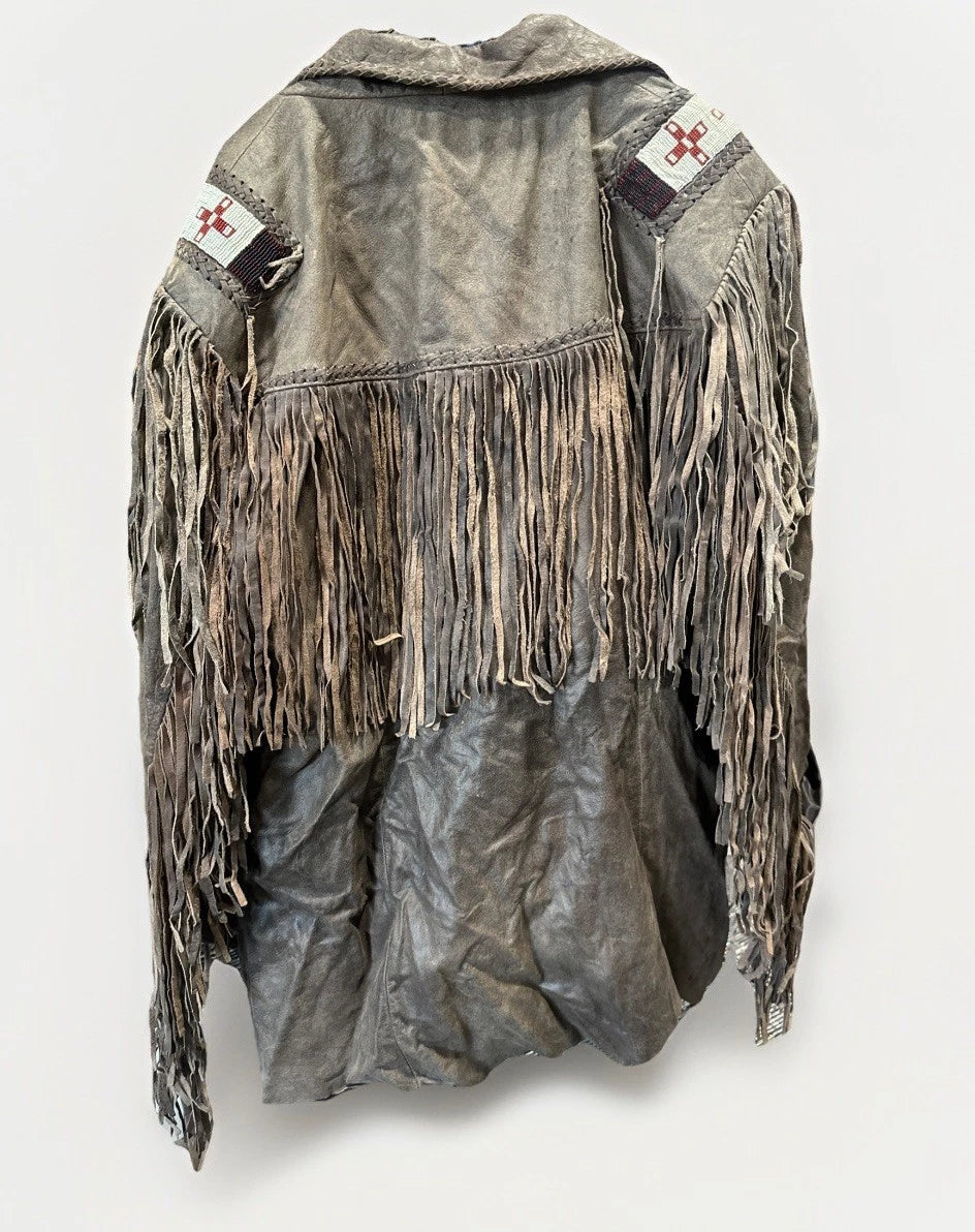 Native American Leather Jacket With Fringes & Beaded Coat Size 48