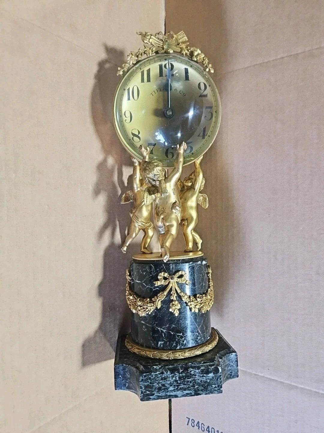 Large Antique Tiffany & Co France French Marble & Bronze Figural Clock