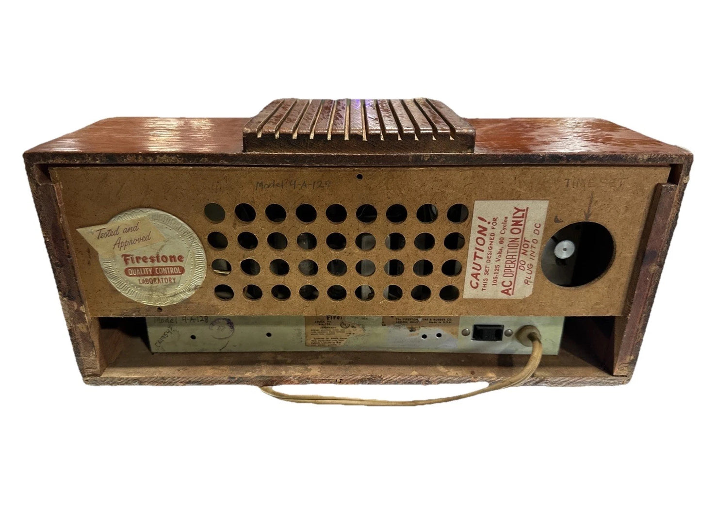 1954 Firestone 4-A-128 AM Radio Telechron Mantle Clock Chestnut Wood parts only