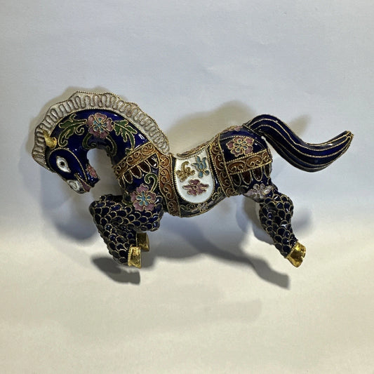 Cloisonne Chinese Enamel Brass Gilt Jeweled Gem Horse Figurine No Stand