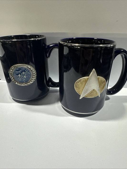 2 Star Trek Mugs 16oz Ceramic Pewter Emblem & United Federation Logo