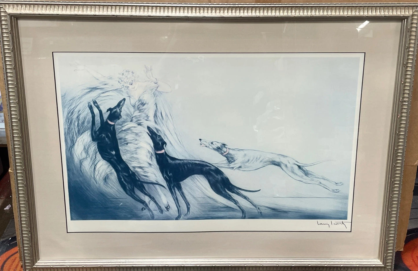 Vintage Louis Icart Coursing II Lithograph Print French Art Deco Dogs Framed