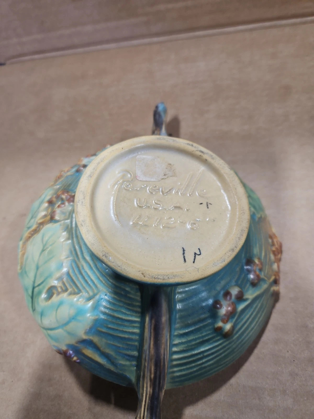 1940s Roseville Art Pottery Blue Bushberry Footed Bowl w/ Two Handles 412-6"