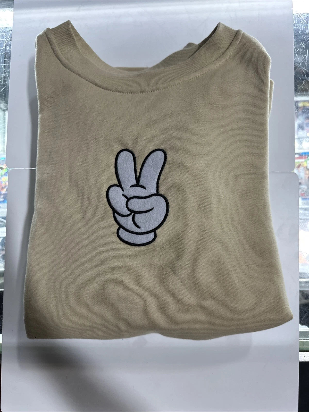 Authentic Disney Mickey Mouse Peace Sign Beige Pullover Sweatshirt Adult Large
