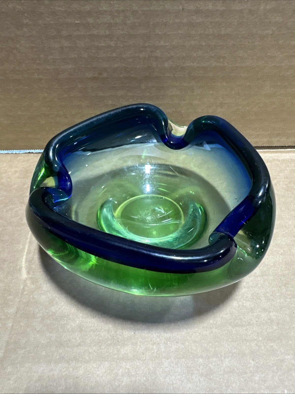 Possible Murano Art Glass 2 Color Green Blue Sommerso Ashtray Bowl Chipped
