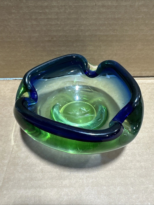 Possible Murano Art Glass 2 Color Green Blue Sommerso Ashtray Bowl Chipped