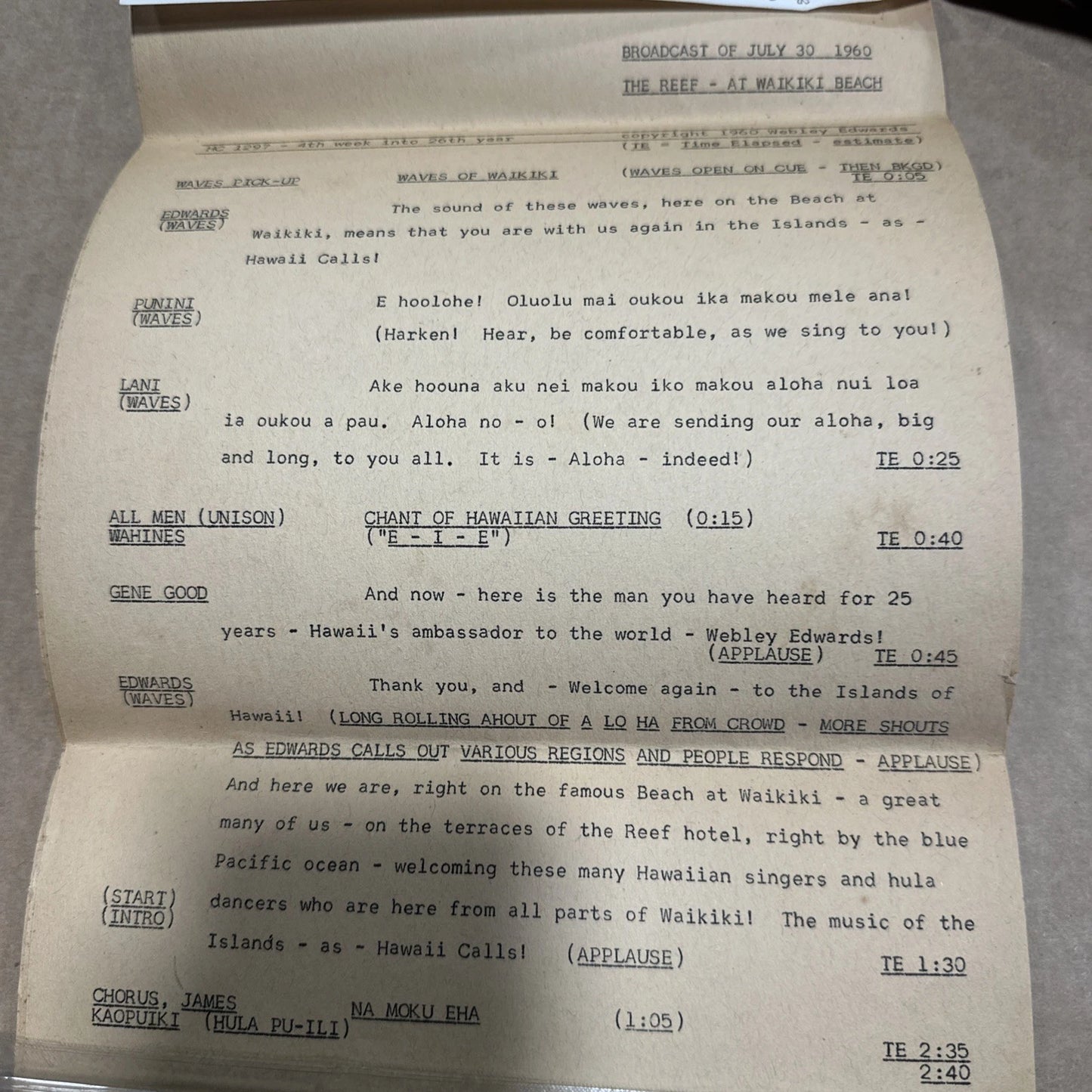 Hawaii Calls Personal Script of the Famous Broadcast. On the Beach at Waikiki Si