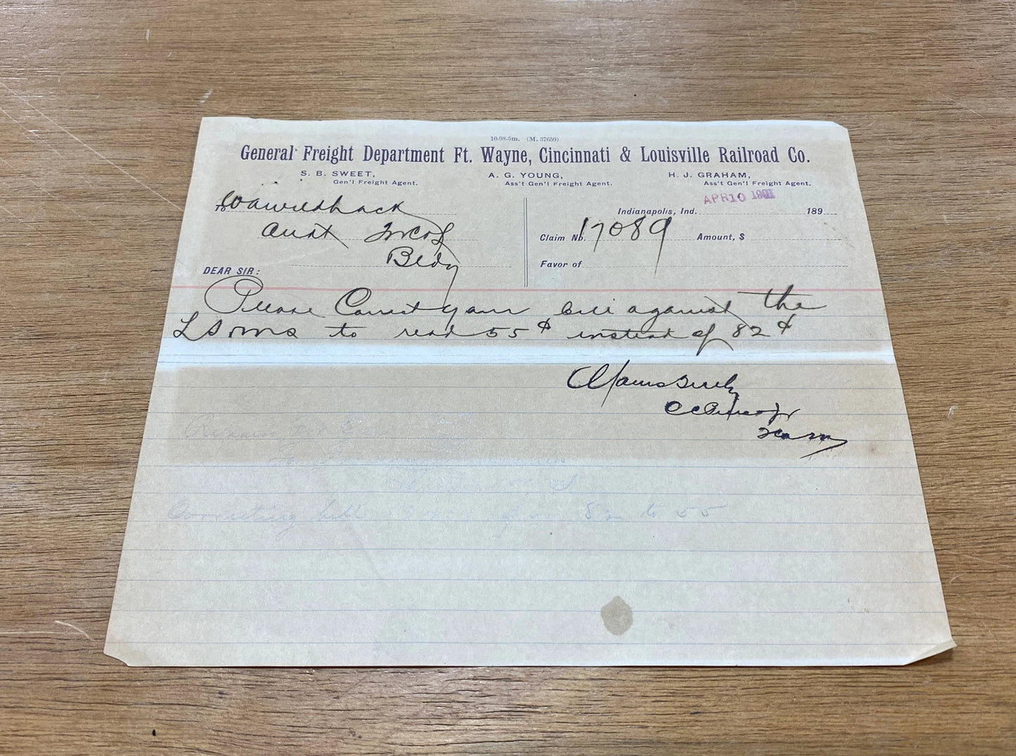 Vintage 1901 General Freight Ft Wayne, Cincinnati & Louisville Railroad Railway