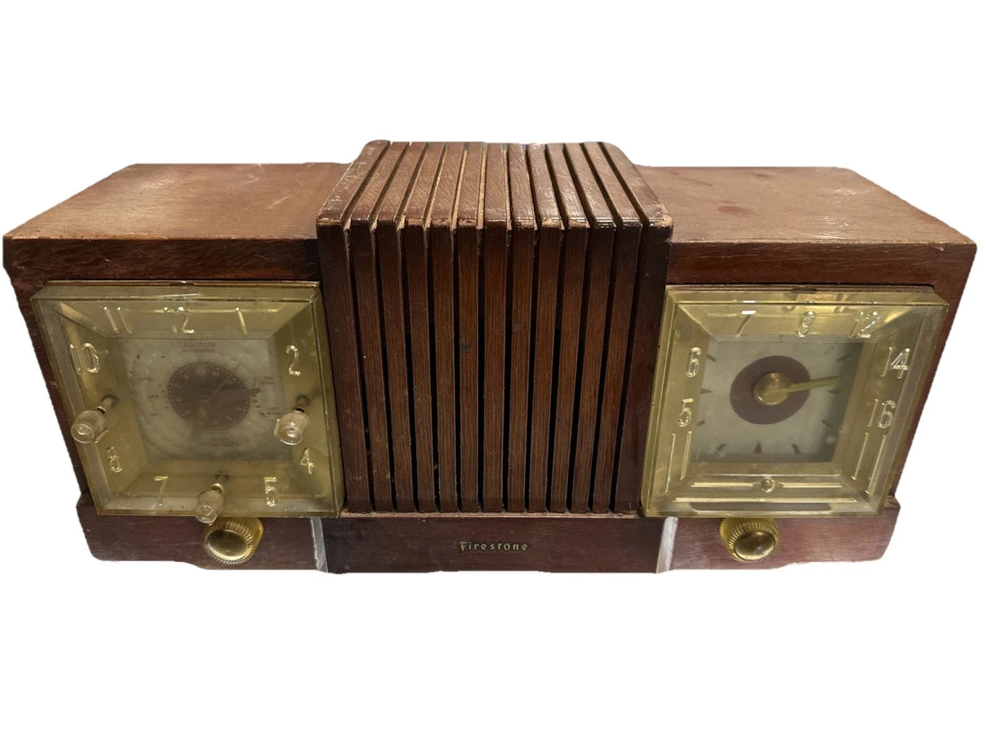 1954 Firestone 4-A-128 AM Radio Telechron Mantle Clock Chestnut Wood parts only