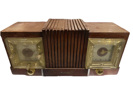1954 Firestone 4-A-128 AM Radio Telechron Mantle Clock Chestnut Wood parts only