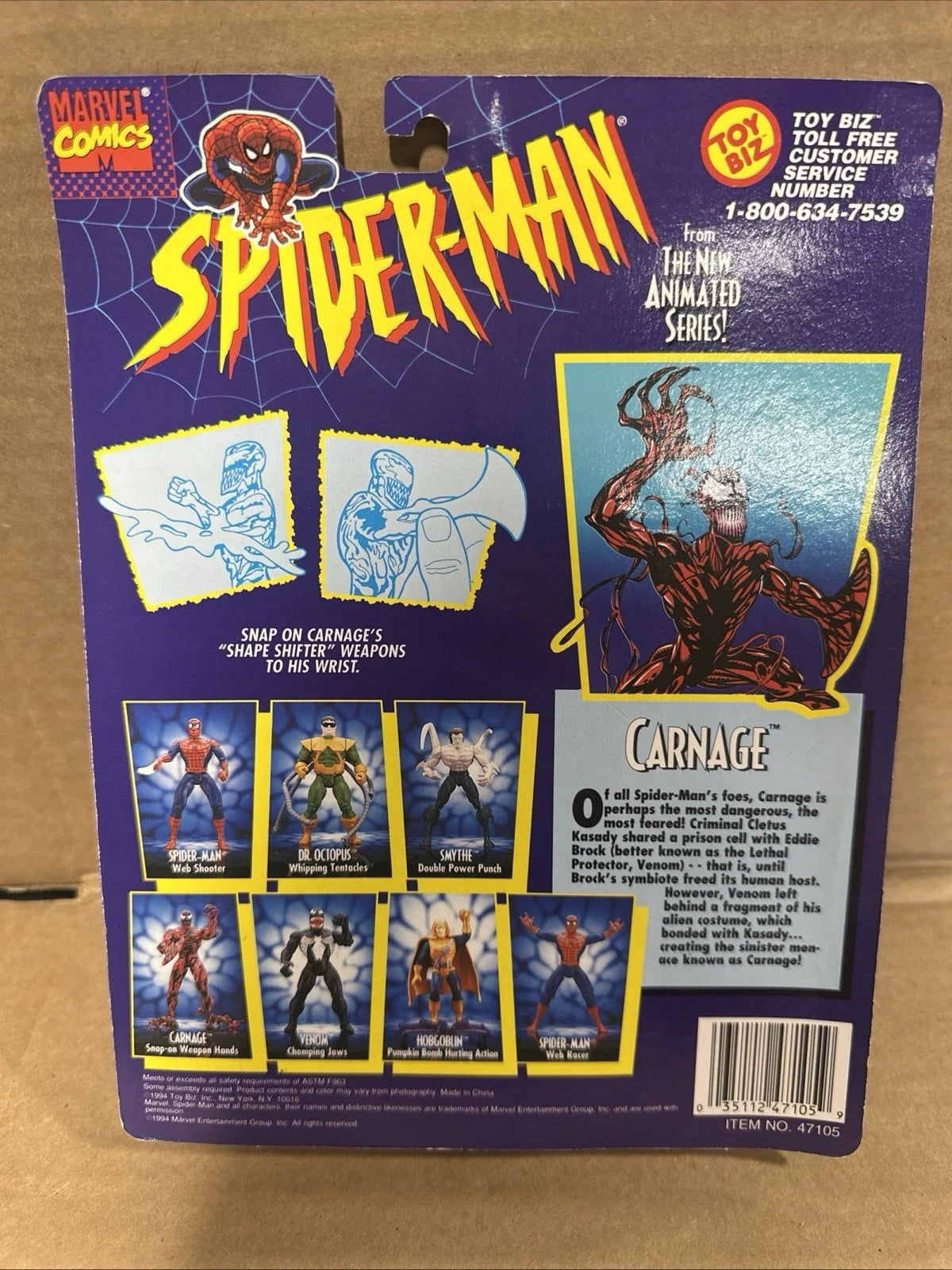 1994 Toy Biz Carnage 5" Action Figure With "Shape Shifter" Weapons