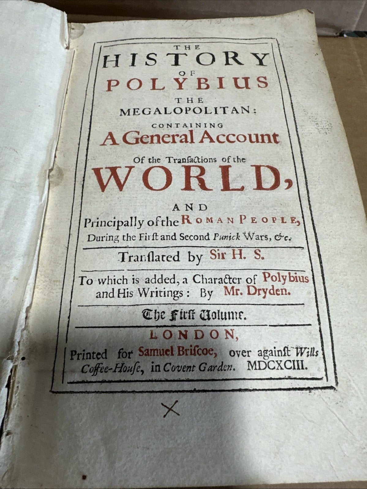 HISTORY OF POLYBIUS, Vol I - original 1693 printing of the English translation