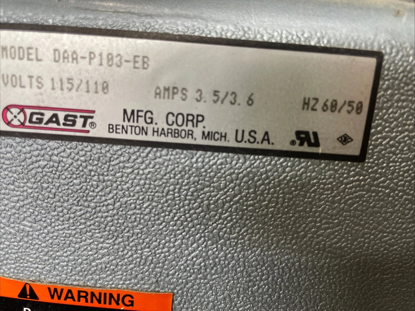 Gast Vacuum Pump, Model DAA-P103-EB, Tested Working