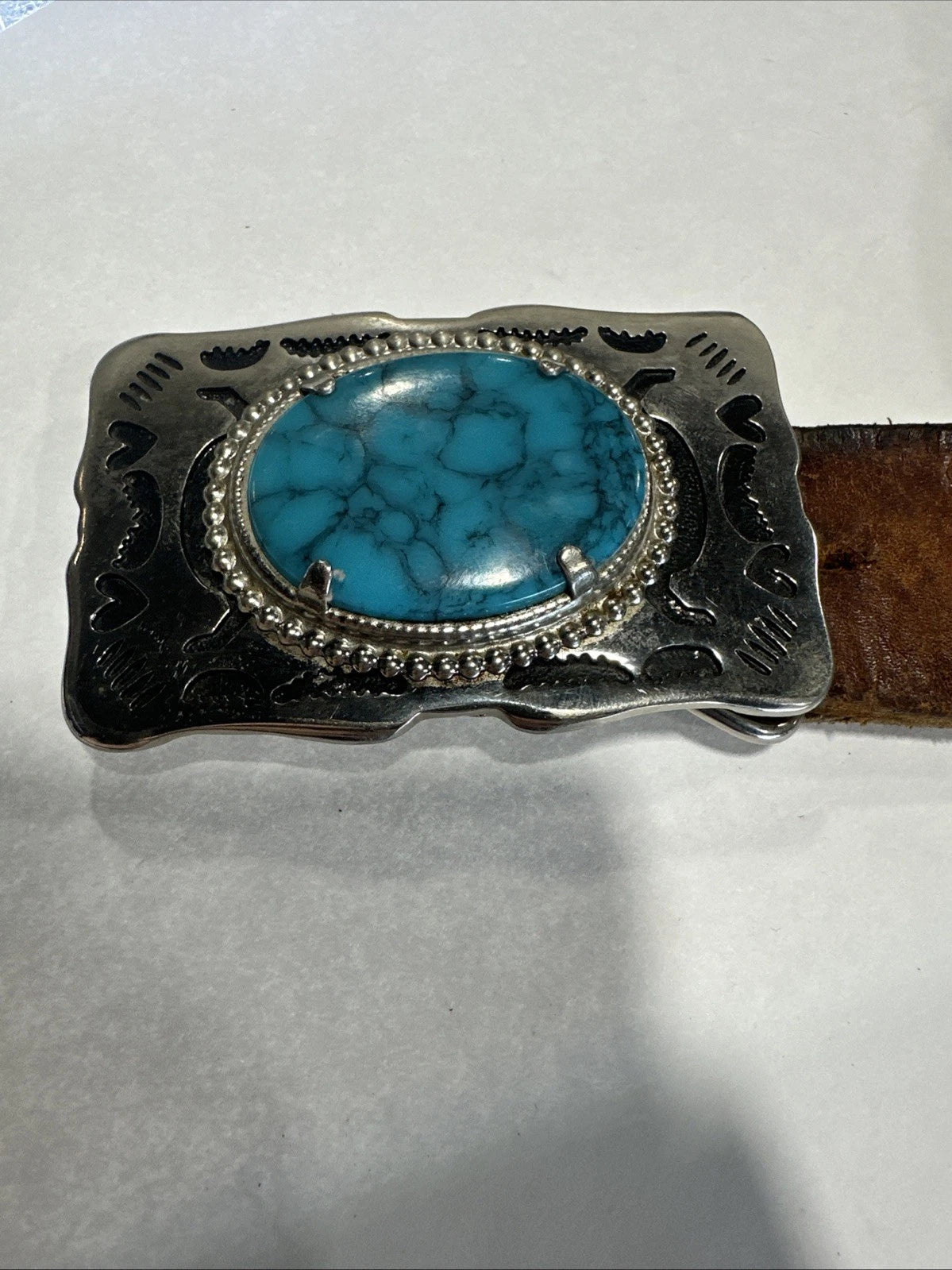 Western Americana Belt Buckle Silver Tone Turquoise Stone Engraved