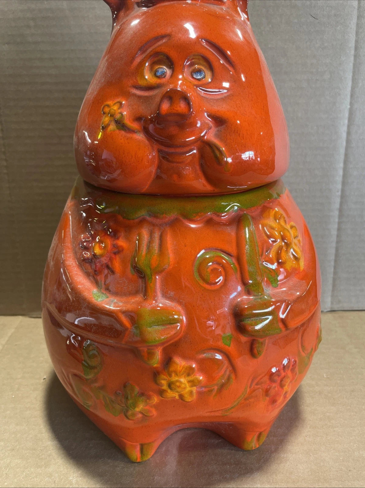 Pacific Stoneware 1968 Flower The Pig Cookie Jar Red Rare Vintage