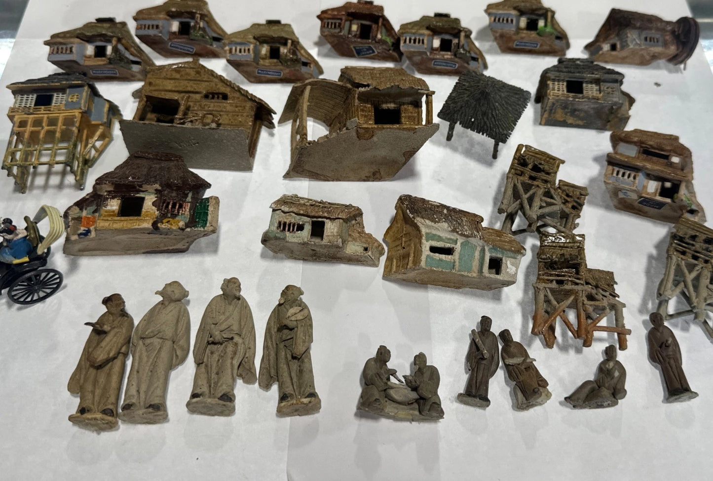 Vintage Clay Metal Miniature Japanese Cottages Figures Lot