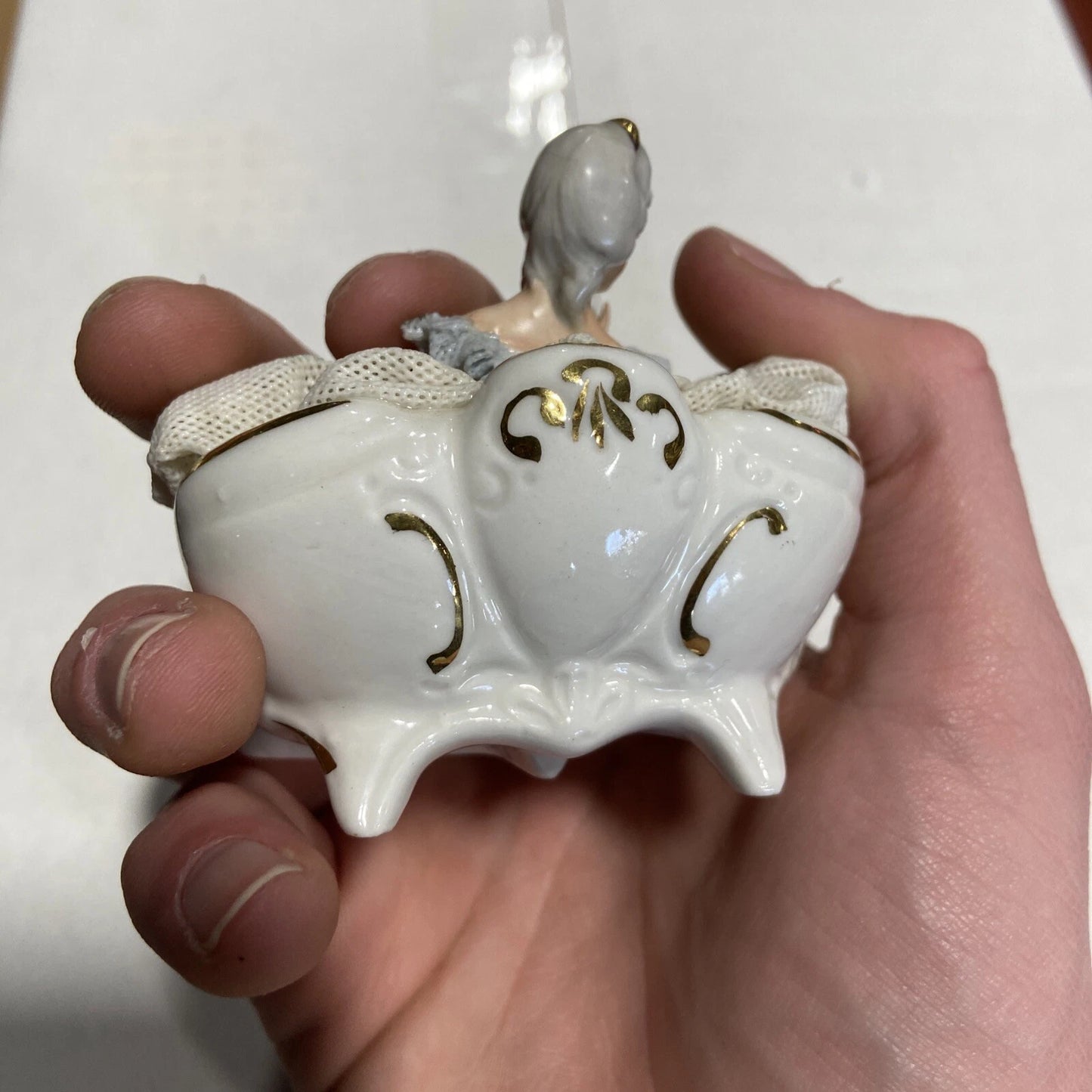 Vintage Sandizell Dresden Germany woman sitting on couch RARE 2 3/4 inch tall