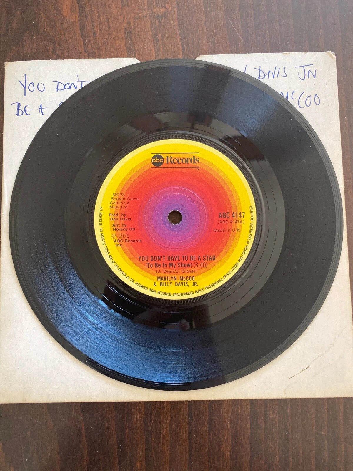 UK Marilyn McCoo & Billy Davis Jr - You Don't Have To Be A Star 45 abc VG 1976