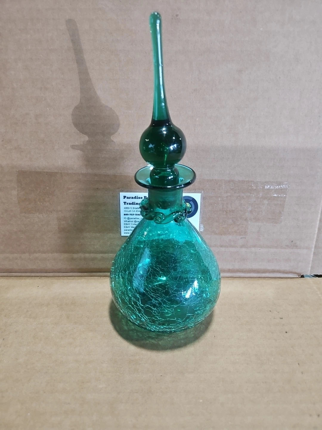 Green Crackle Art Glass Decanter With Stopper Vintage Rare