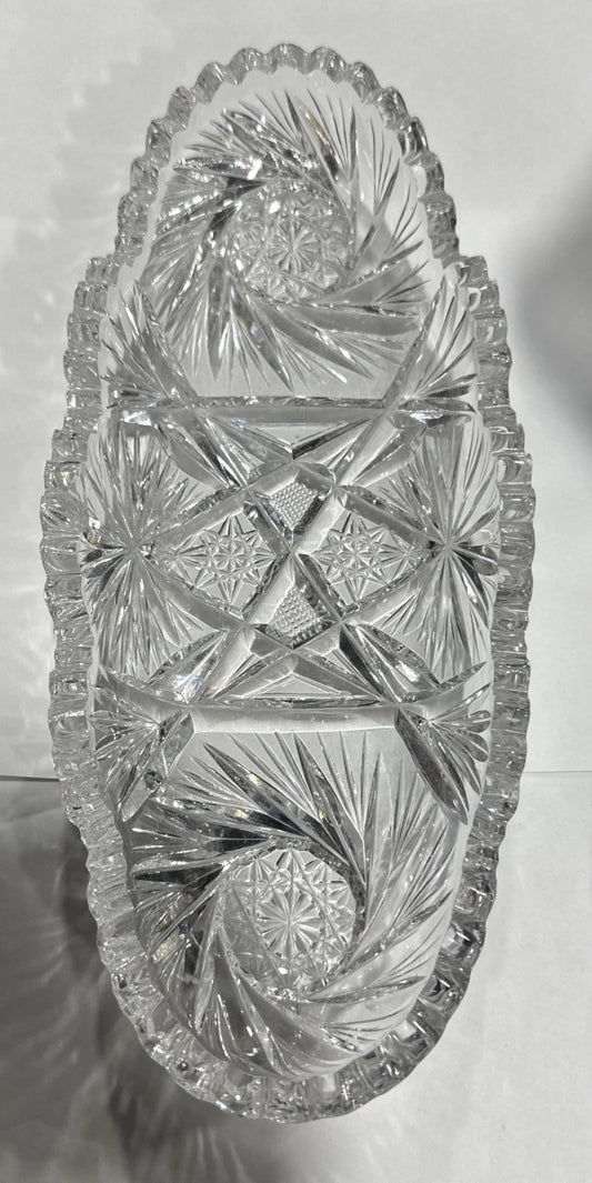 Antique American Brilliant Cut Crystal Pinwheel Sawtooth Rim Oblong Oval Dish
